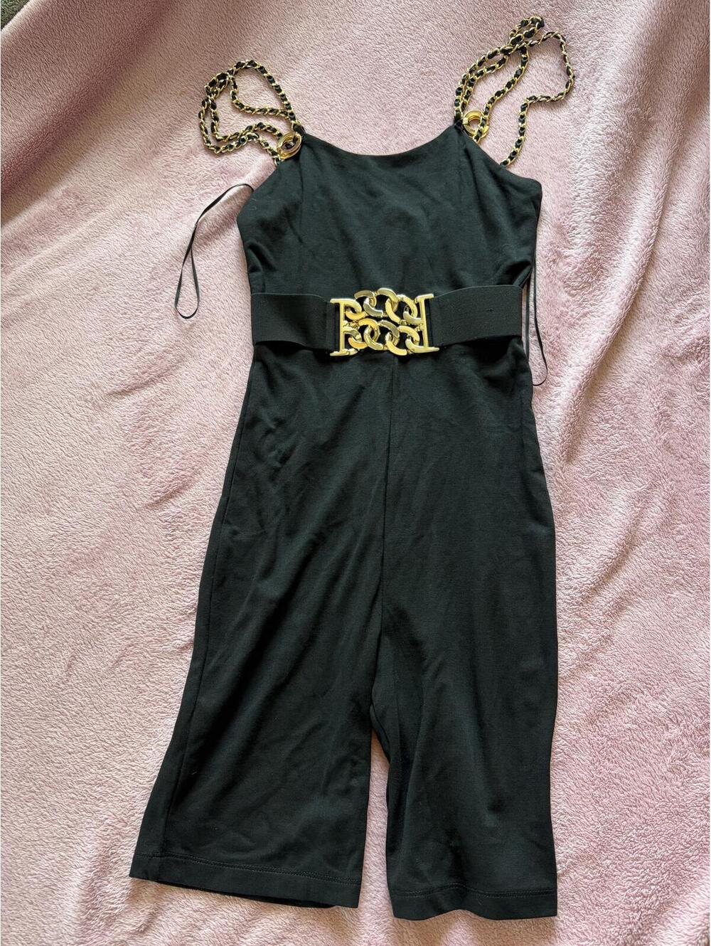Black Jumpsuit with Gold Chain Straps and Belt